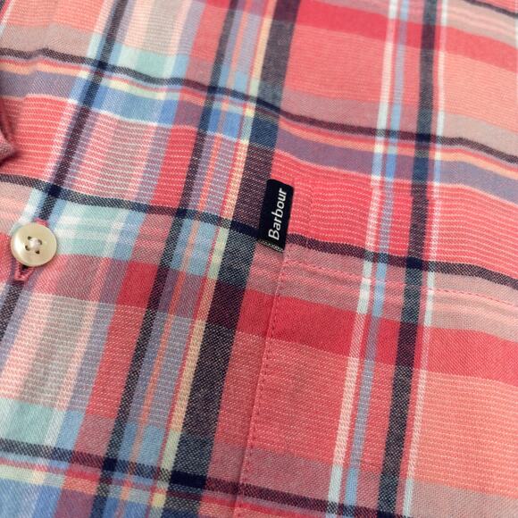 Barbour Mens Large Pink Blue Check Long Sleeve Button Down Light Flannel Shirt - Picture 3 of 6